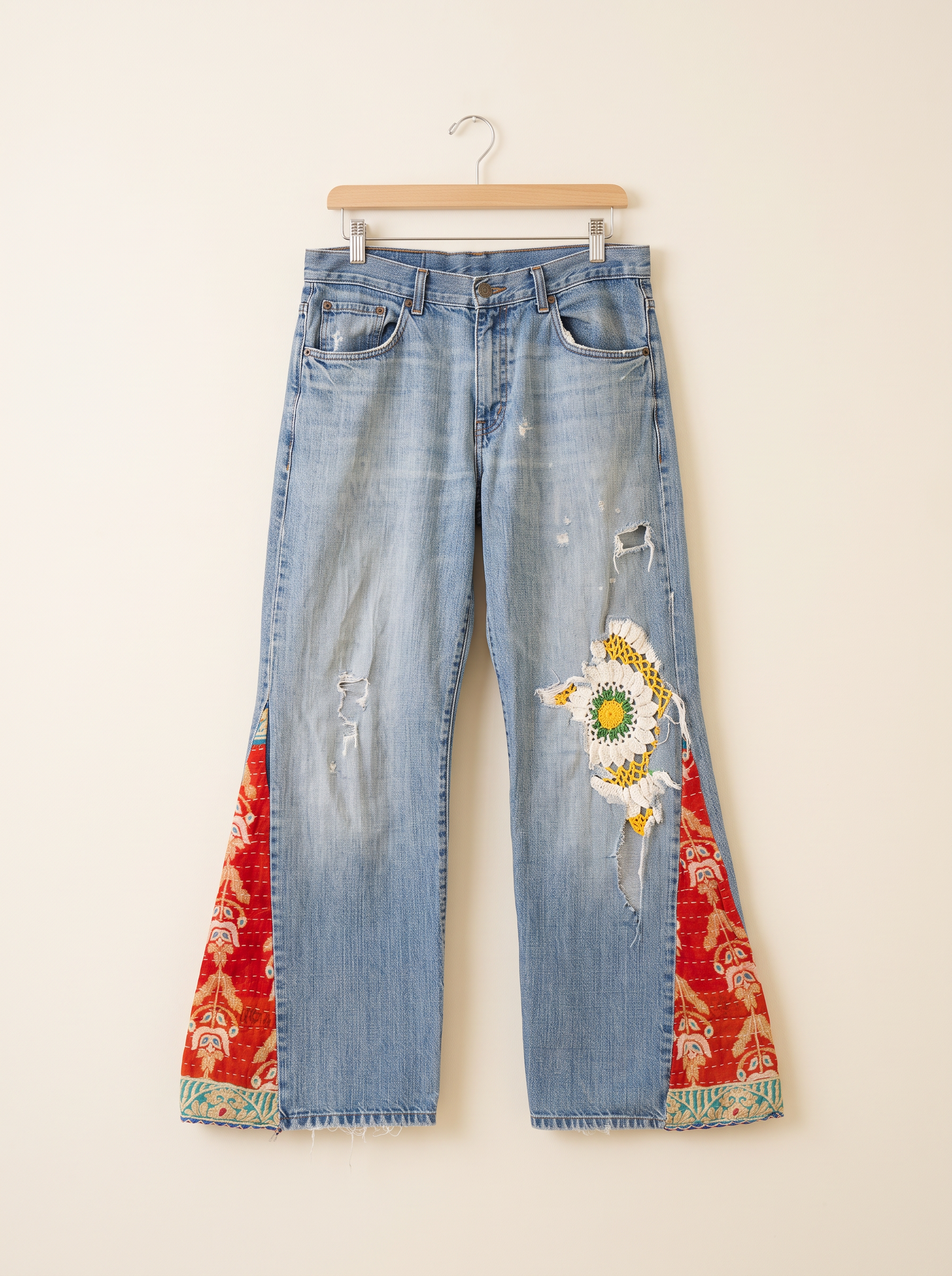 Light denim with red patterned panels and a crochet flower — standalone boutique preview